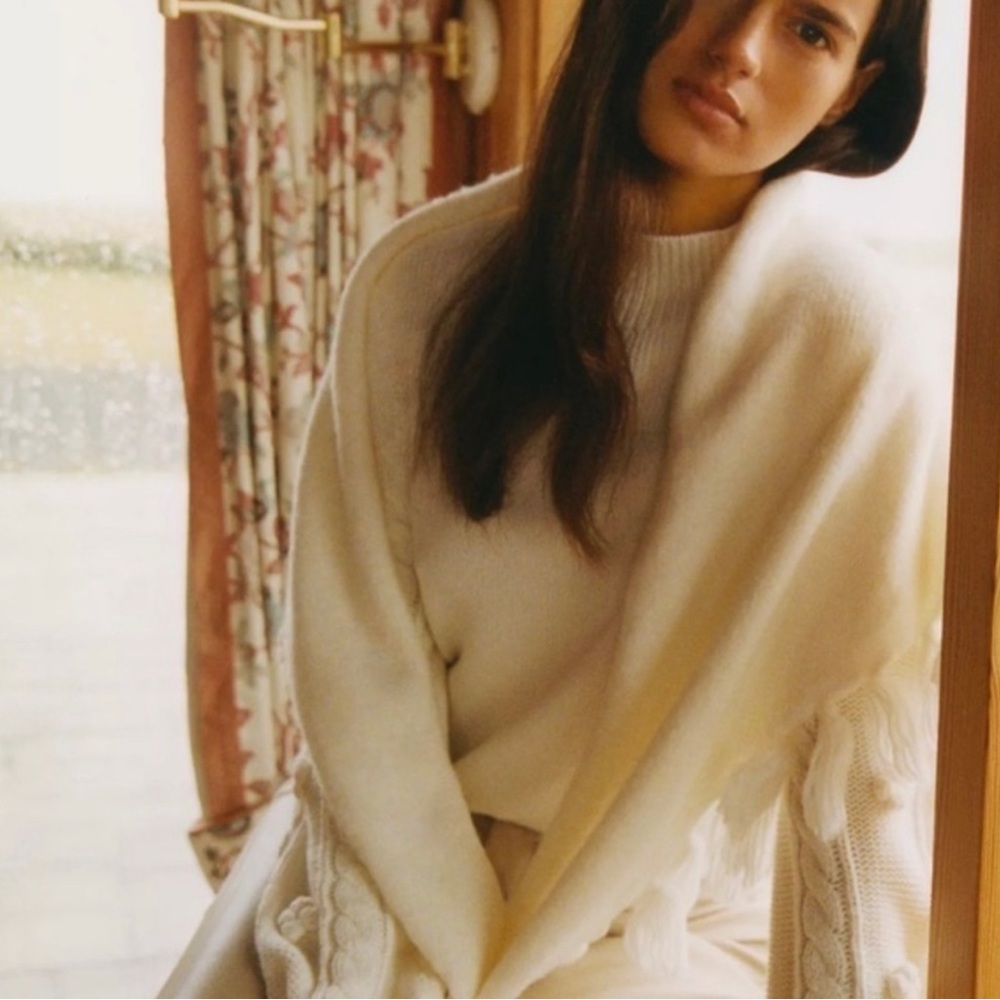 Anthropologie Ivory Tassled Triangle Scarf